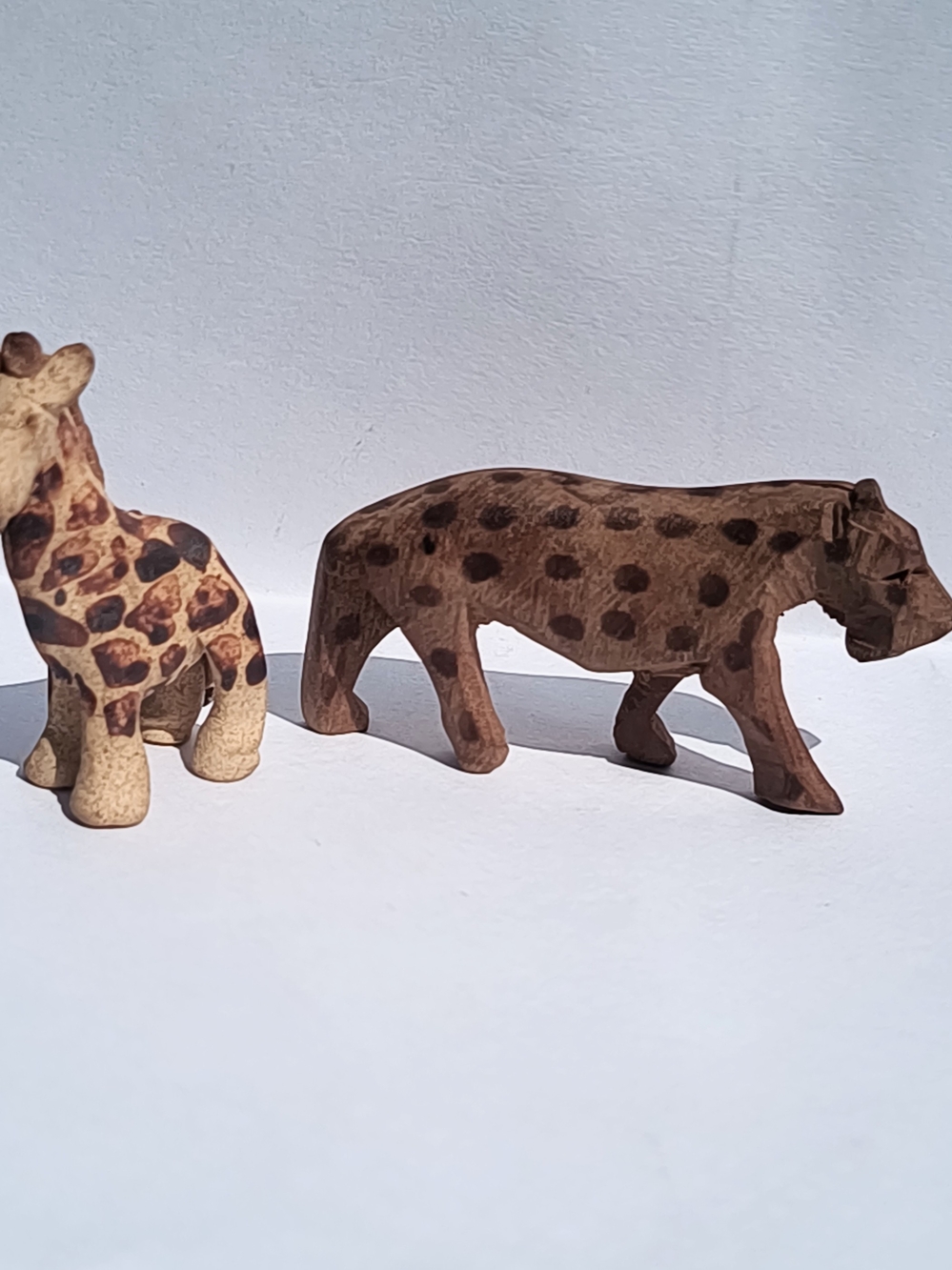 Hand-Carved Giraffe & Leppard Miniature Wooden Animal Figurines Set.  Safari